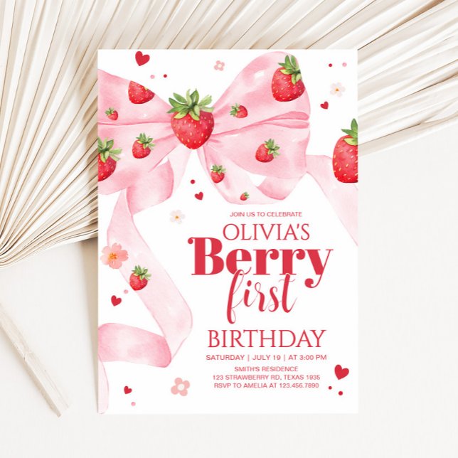Invitation Fraise Coquette fête d'anniversaire (Strawberry Coquette Berry First Birthday Party Invitation)