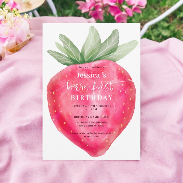 Invitation Fraise d'aquarelle de la baie mignonne de premier  (Cute berry first birthday watercolor strawberry invitation)