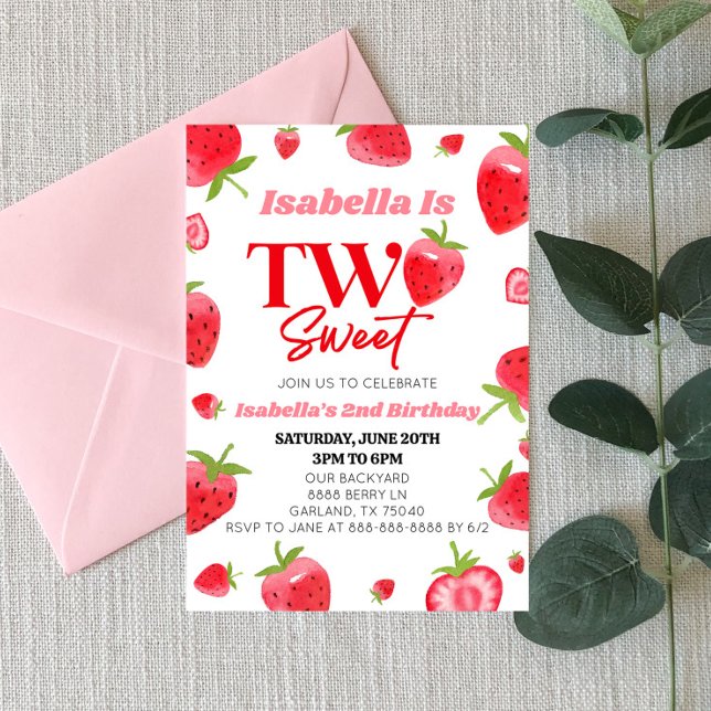Invitation Fraise deux rose doux rouge 2e fête d'anniversaire (Créateur téléchargé)