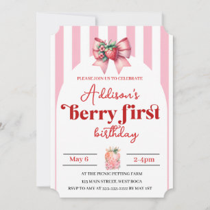 Invitation Fraise et Bow 1er anniversaire avec photo