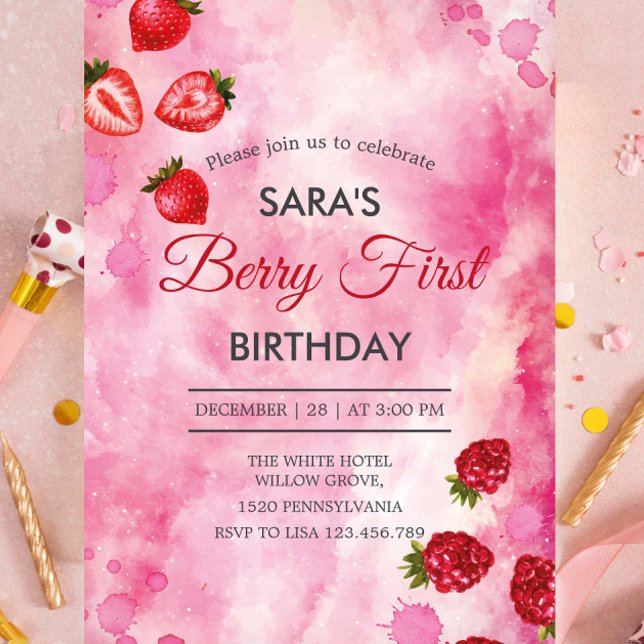 Invitation Fraise et framboise rose 1er anniversaire BabyGirl (Créateur téléchargé)