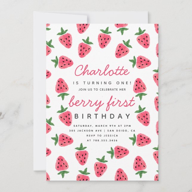 Invitation Fraise Fille Berry Première fête d'anniversaire mo (Devant)