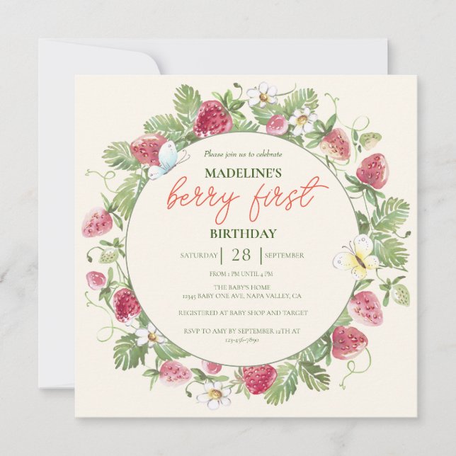 Invitation Fraise Floral Boho Girl Berry Premier anniversaire (Devant)