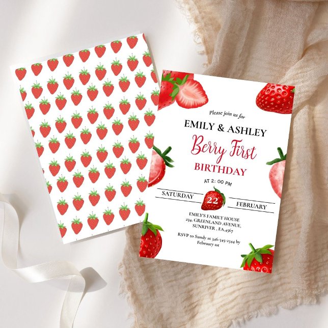 Invitation Fraise Girl Twin Premier anniversaire| Berry Sweet (Créateur téléchargé)