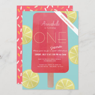 Invitation Fraise Lemonade Popsicle virtuel 1er anniversaire