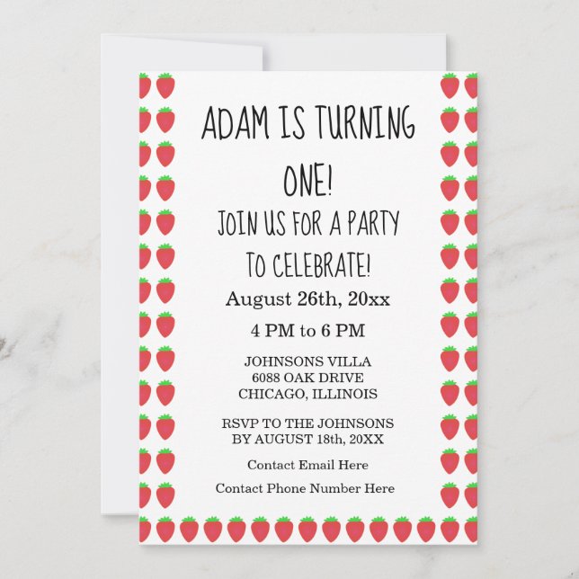 Invitation Fraise Motif Custom Age 1er anniversaire fête (Devant)