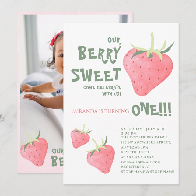 Invitation Fraise NOTRE BERRY SWEET Premier anniversaire (Devant / Derrière)
