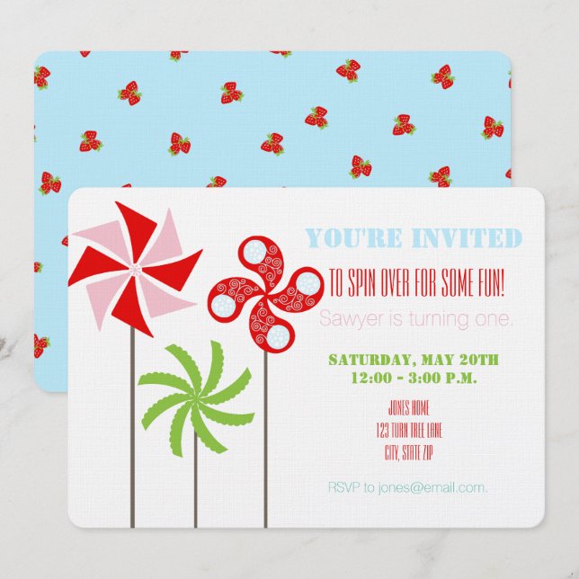 Invitation Fraise Pinwheel à thème Anniversaire - Bleu Retour (Devant / Derrière)