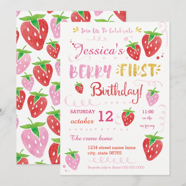 Invitation Fraise première fête d'anniversaire Berry Aquarell (Devant / Derrière)