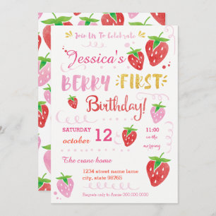 Invitation Fraise première fête d'anniversaire Berry Aquarell