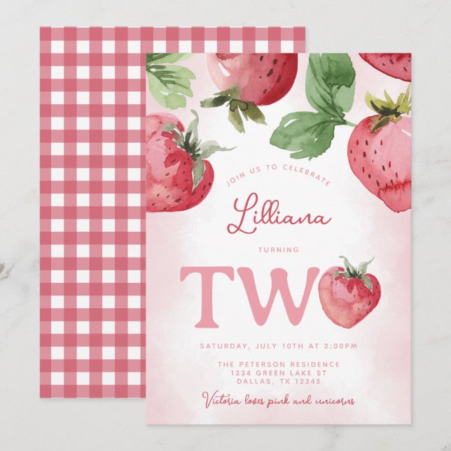 Invitation Fraise rose 2e fête d'anniversaire des DEUX (Devant / Derrière)