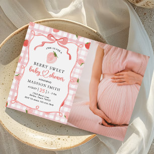 Invitation Fraise rose En vichy fille Baby shower photo