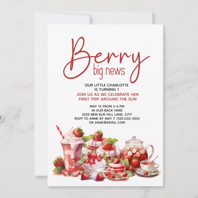 Invitation Fraise rose rouge Berry blanc 1er anniversaire (Devant)