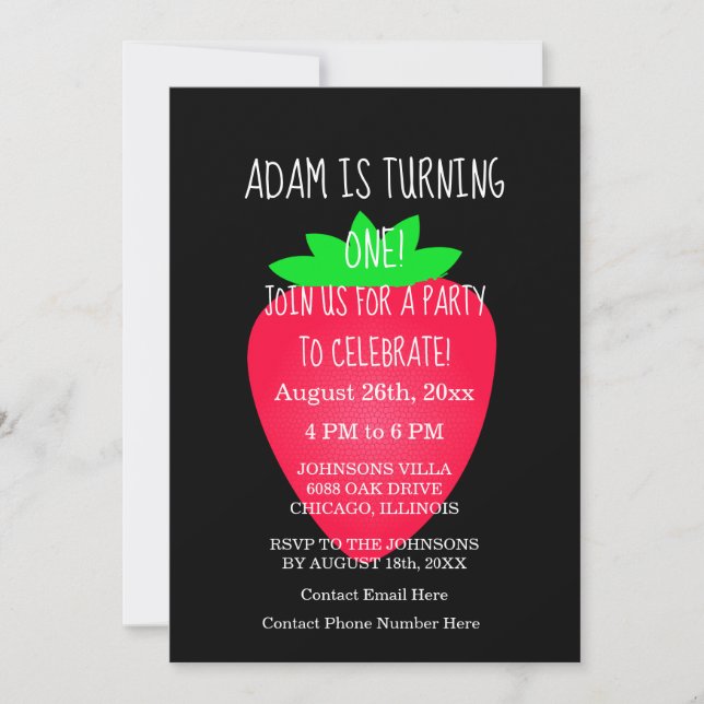 Invitation Fraise Rouge Black Custom 1ère fête d'anniversaire (Devant)