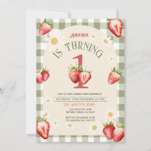 Invitation Fraise rouge et verte vintage Anniversaire