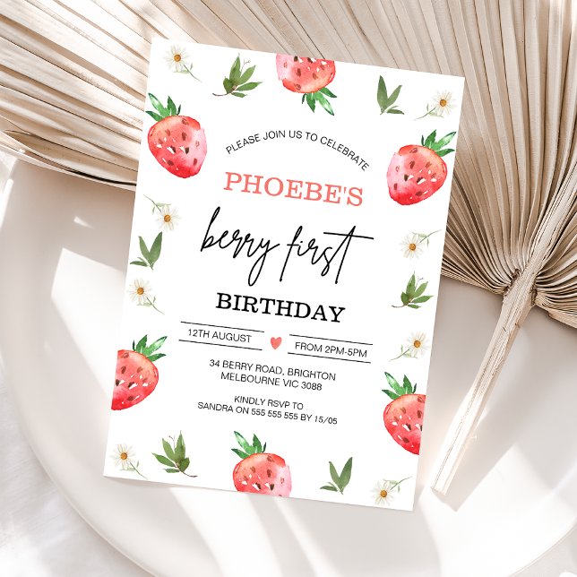 Invitation Fraise Rouge Faisée Berry Sweet 1er Anniversaire (Girls Berry First Birthday Invitation, Editable Strawberry 1st Birthday Invite, Daisy, Berry First )