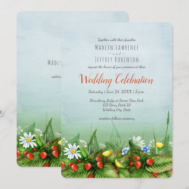 Invitation Fraise sauvage prairie fleur sauvage mariage rusti (Devant / Derrière)