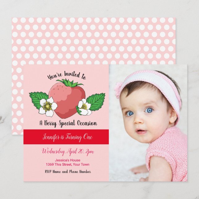 Invitation Fraise sucrée 1er anniversaire (Devant / Derrière)