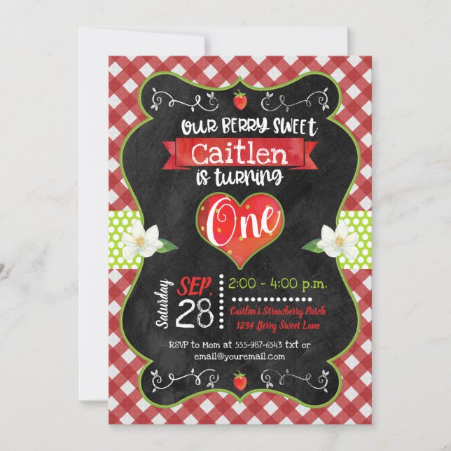 Invitation Fraise Sweet Chalkboard Girl Premier anniversaire (Devant)
