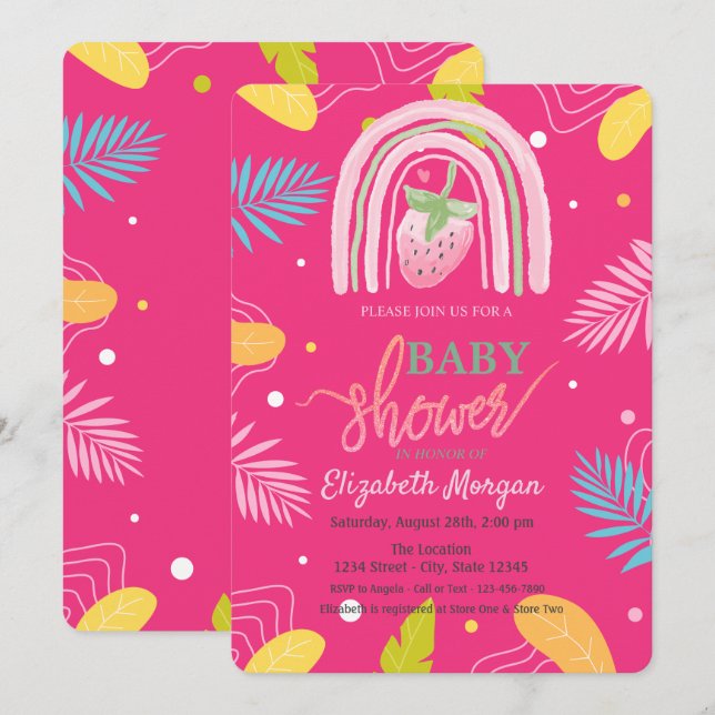 Invitation Fraise Tropical Feuille Baby shower rose (Devant / Derrière)