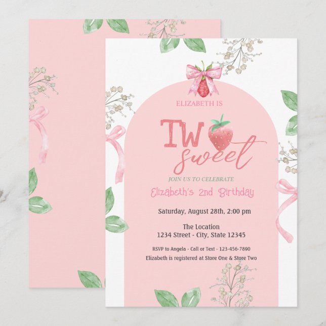 Invitation Fraises Bow rose deux doux 2e anniversaire (Devant / Derrière)