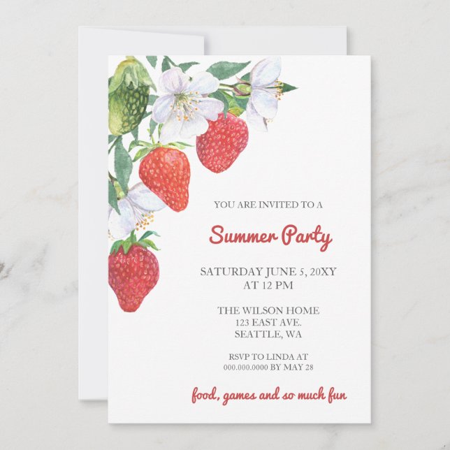 Invitation Fraises d'aquarelle rustique Fête d'été (Devant)