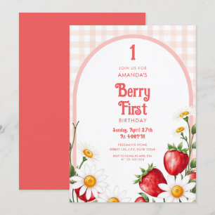 Invitation Fraises En vichy rose douce Faisée 1er anniversair