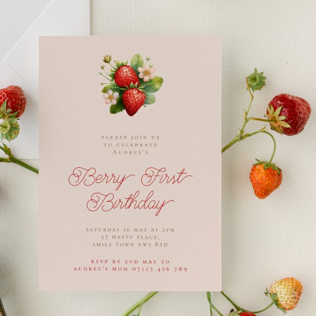 Invitation Fraises minimalistes Berry Premier anniversaire (Créateur téléchargé)