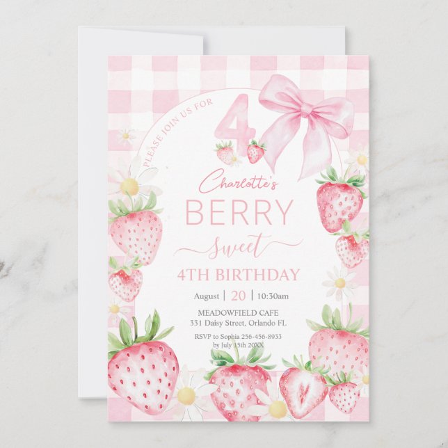Invitation Fraises rose mignonne Berry Sweet 4e anniversaire (Devant)