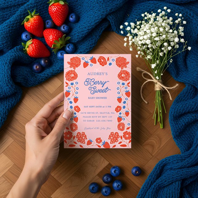 Invitation Fraises sucrées, myrtilles et fleurs (Berry Sweet Strawberries, Blueberries & Blooms Invitation)