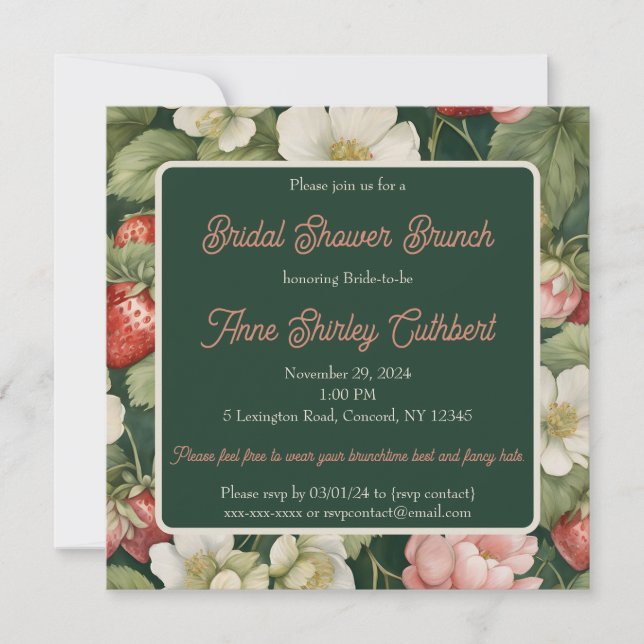 Invitation Fraises vert foncé et Fête des mariées de crème (Devant)