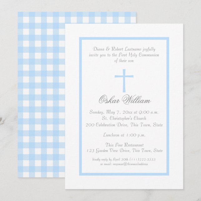 Invitation Frame bleu doux et première communion plaquée de b (Devant / Derrière)