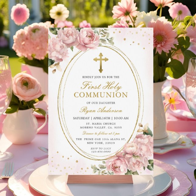 Invitation Frame Blush rose Roses Première Sainte Communion (Créateur téléchargé)