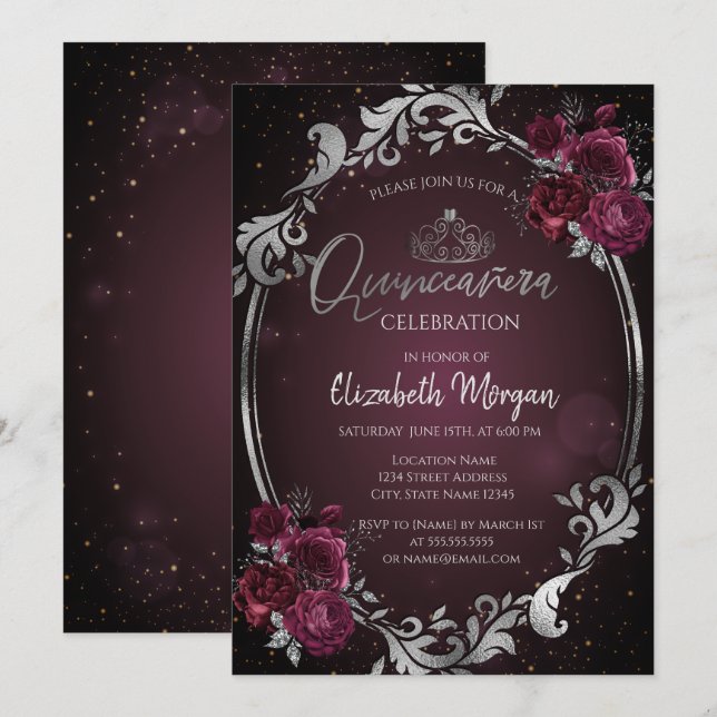 Invitation Frame d'argent Bourgogne Roses Dark Quinceañera (Devant / Derrière)