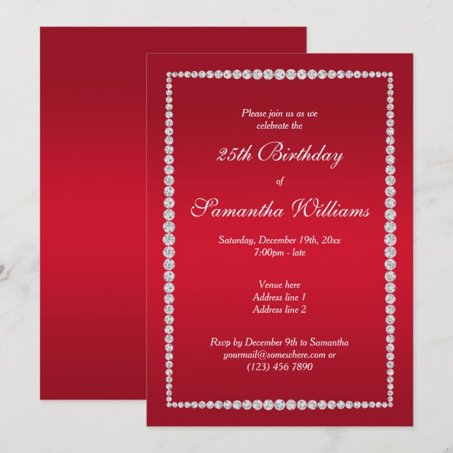 Invitation Frame Diamond Glitzy & Ruby Red Anniversaire (Devant / Derrière)