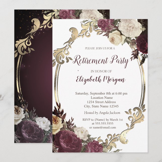Invitation Frame Or, Fleurs Bourgogne Retraite (Devant / Derrière)