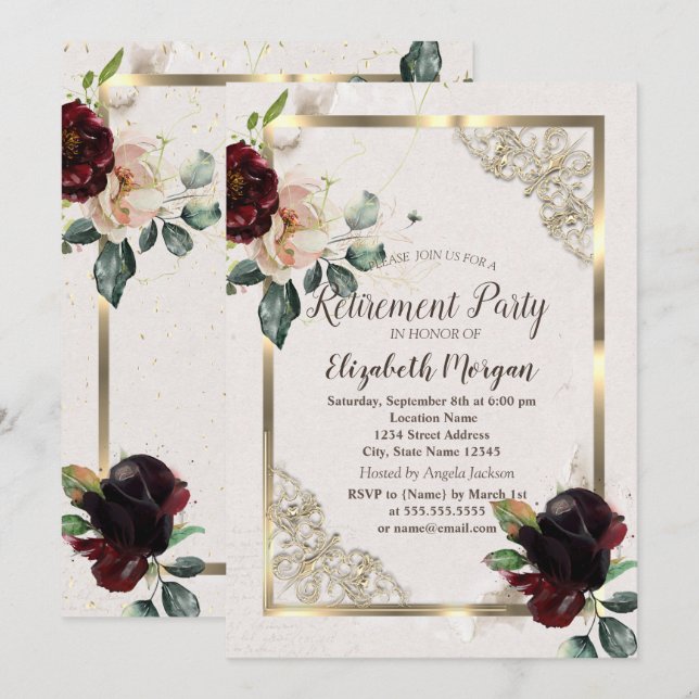 Invitation Frame Or Fleurs Bourgogne, Retraite Confetti (Devant / Derrière)