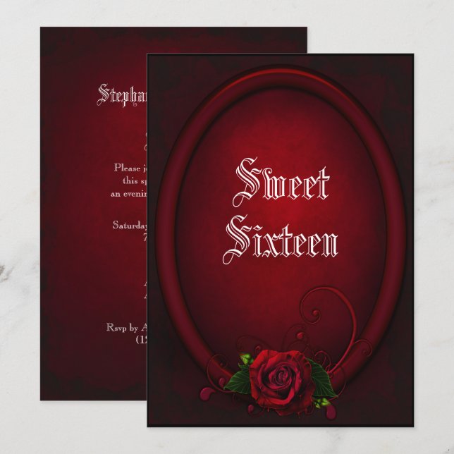 Invitation Frame ovale gothique et Rose de sang doux 16 (Devant / Derrière)