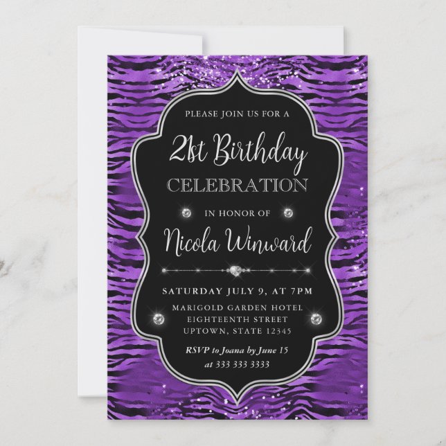 Invitation Frame Parties scintillant de tigres d'argent viole (Devant)