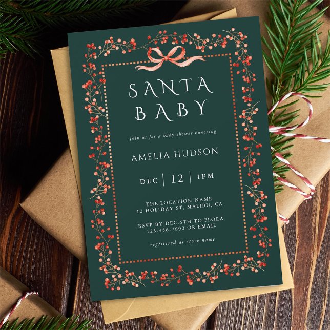 Invitation Frame Père Noël Baby shower vert Red Winterberry (Créateur téléchargé)