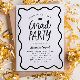 Invitation Frame Wavy Black White Main Draduation Party
