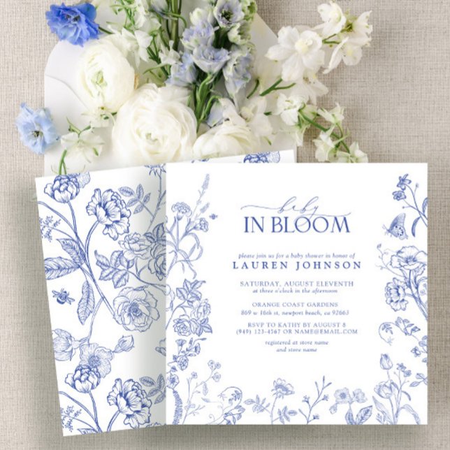 Invitation Français Bleu & Blanc Victorien Floral Baby En Fle (Créateur téléchargé)
