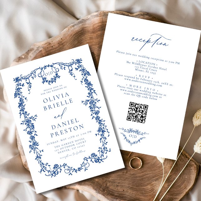 Invitation Français Bleu Victorien Code QR Tout en un Mariage (Créateur téléchargé)