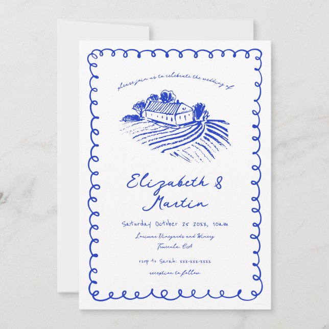 Invitation Français Blue Main tiré Funky Vineyard Mariage (Devant)
