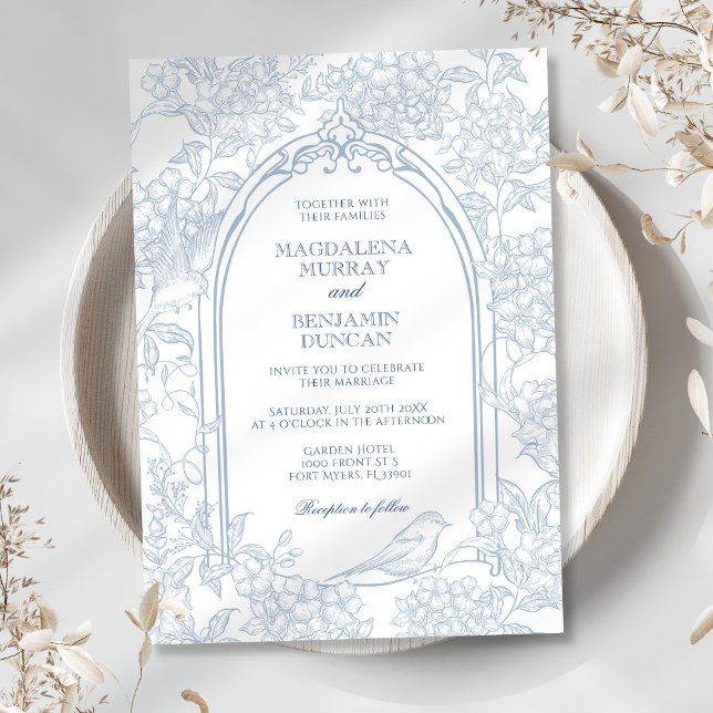Invitation Français Dusty Blue Floral Toile Frame Birds Maria (Créateur téléchargé)