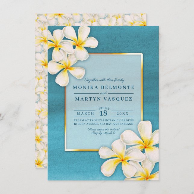 Invitation Frangipani blanc mariage d'art des fleurs tropical (Devant / Derrière)
