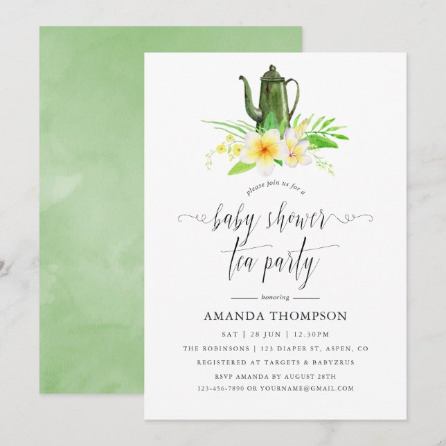 Invitation Frangipani Floral Exotique Baby shower Tea Party (Devant / Derrière)