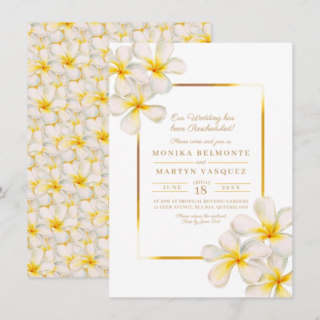 Invitation Frangipani or blanc tropical rééchelonné mariage (Devant / Derrière)