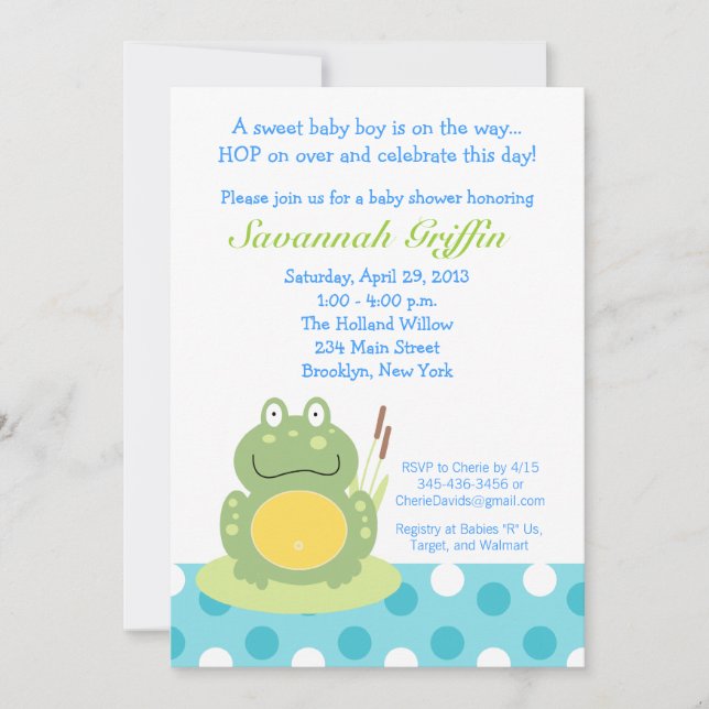 Invitation Freddy le Baby shower de grenouille à l'étang 5x7  (Devant)