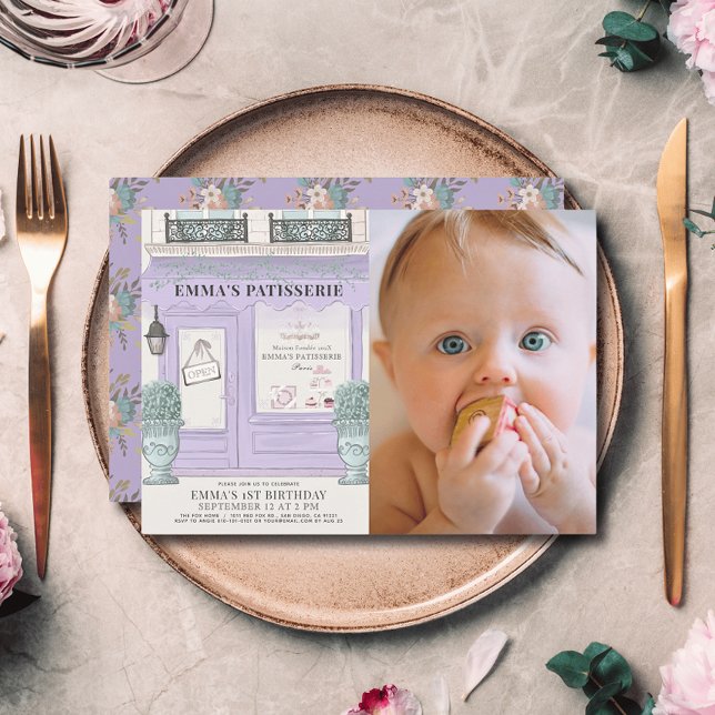 Invitation French Bakery Paris Lavender 1er Anniversaire Phot (Créateur téléchargé)